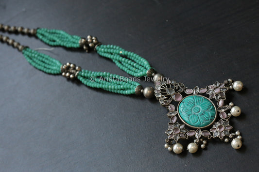 Oxidized Carved Stone Necklace - Turquoise