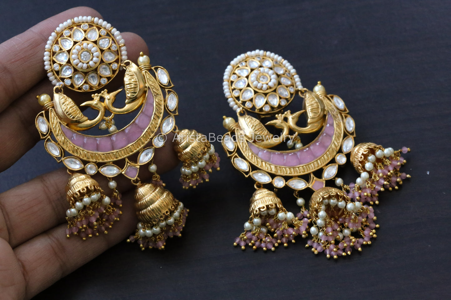 Premium Pachi Kundan 3 Tier Jhumka  - Pink