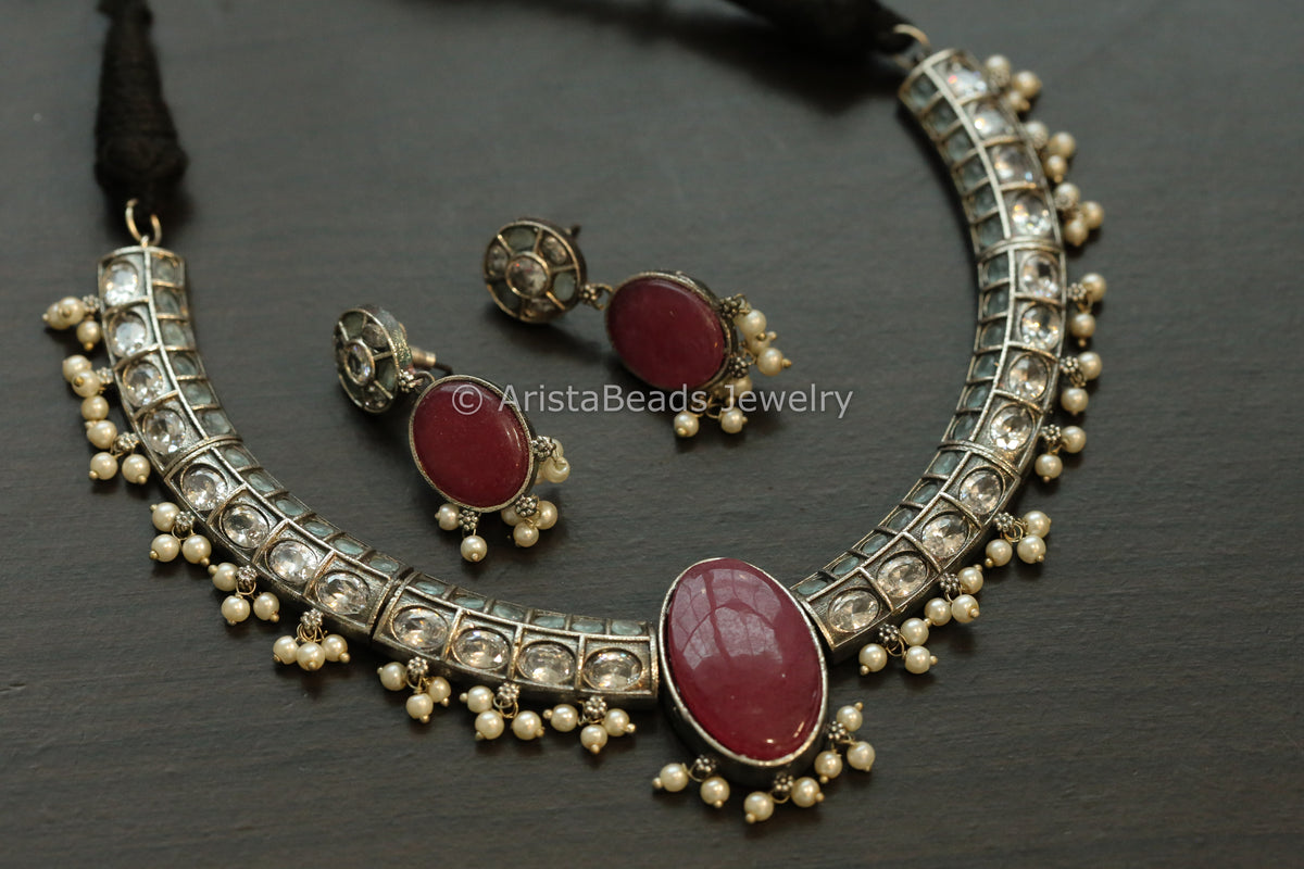 Oxidized Hasli Necklace Set - Clear Mint & Ruby