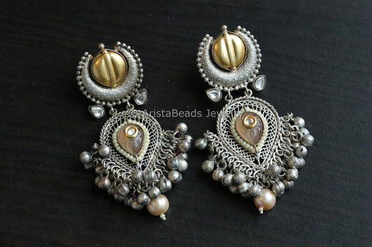 Large 925 Silver Polish Dual Tone Chandbaali - Pink Carved Stone