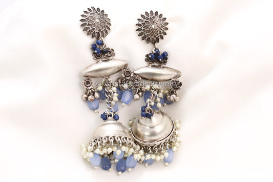 Long 925 Silver Polish Jhumka -Blue