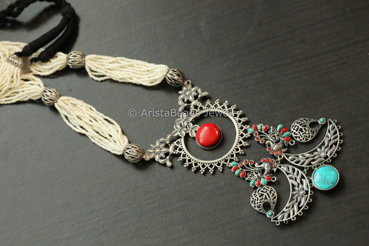 Large Coral Turquoise Peacock Pendant Necklace