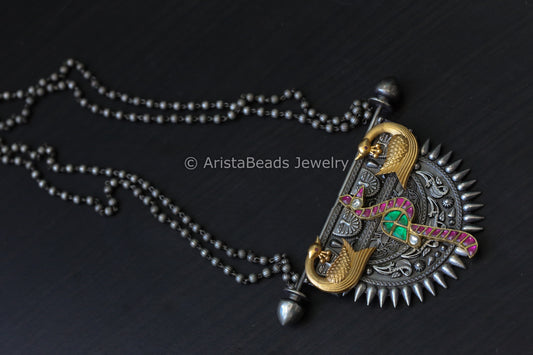 Silver Look Alike Necklace With Jadau Peacock Motif
