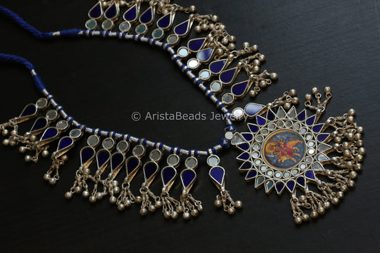 Darpan Oxidized Real Glass Long Necklace- Clear & Blue