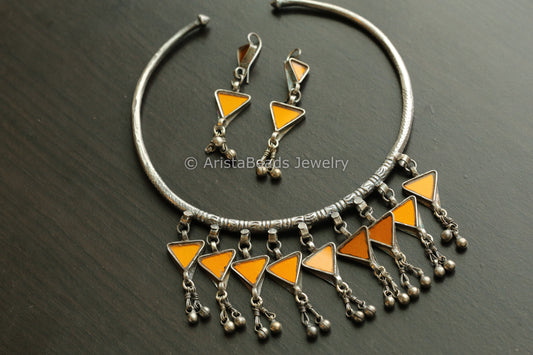 Real Glass Hasli Necklace Set- Musturd