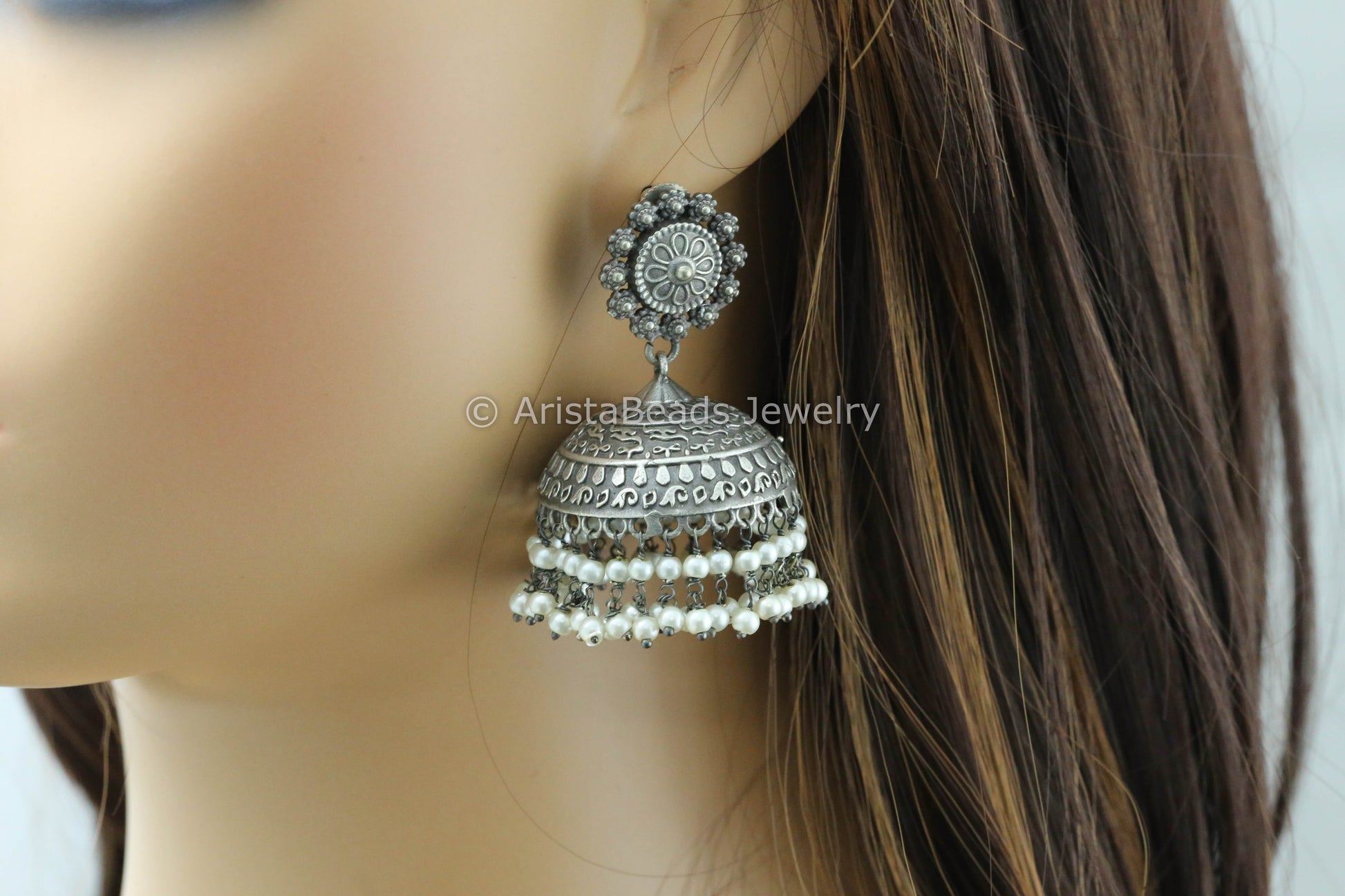 Oxidized Silver Look Pearl Jhumka