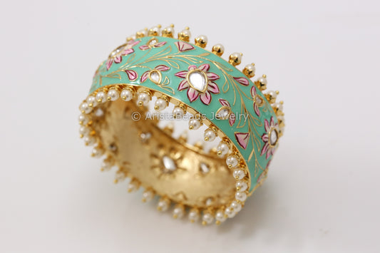 Handmade Enamel Kundan Bangle- Teal