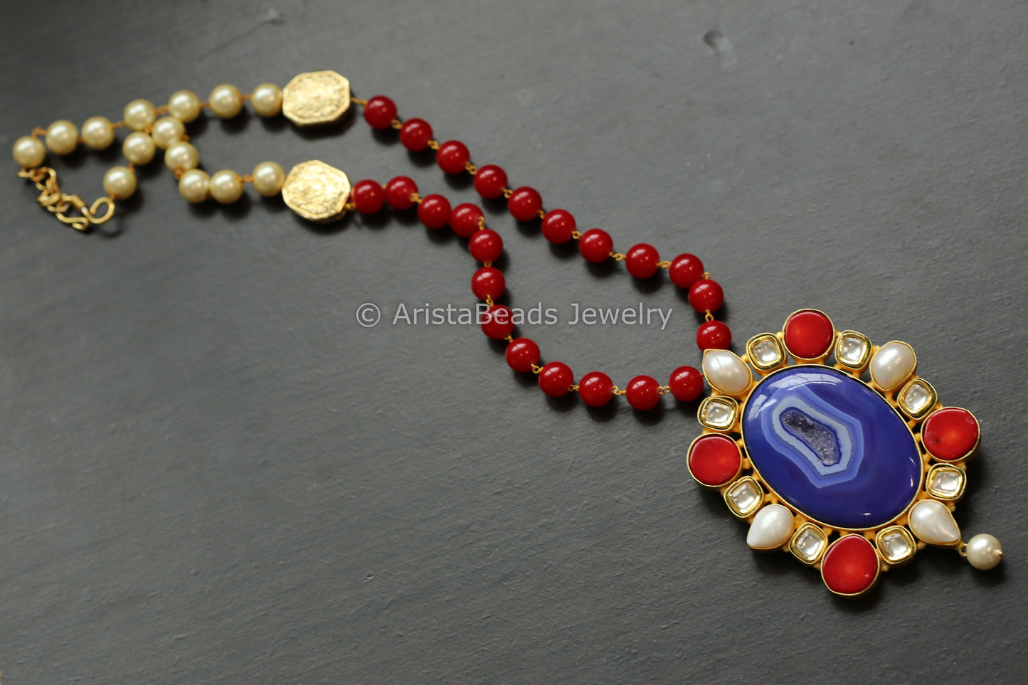 Kundan, Baroque Coral and Blue Agate Slice Necklace
