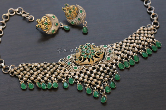 Silver Look Alike Flexible Necklace Set - Green