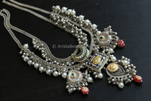 92.5 Silver Polish Kundan & Enamel Long Set - Blue Enamel