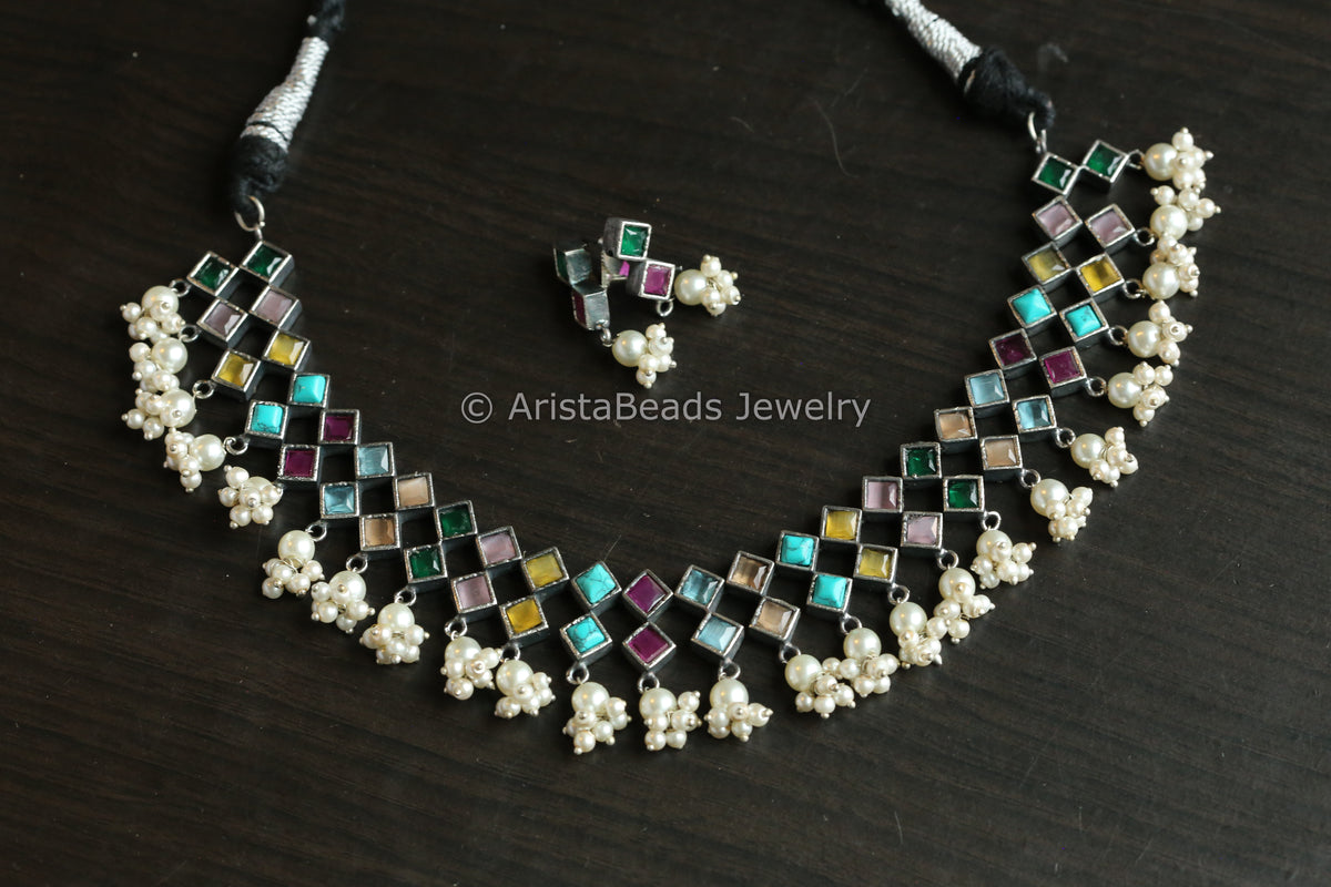 Navratna Oxidized Necklace Set