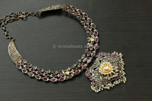 Ruby CZ Oxidized Kundan Motif Necklace