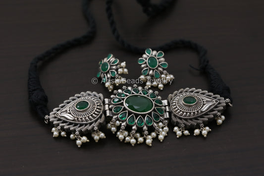 Silver Look Green CZ Stone Choker Set