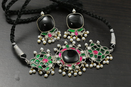 Silver Finish Jadau Choker Set - Black