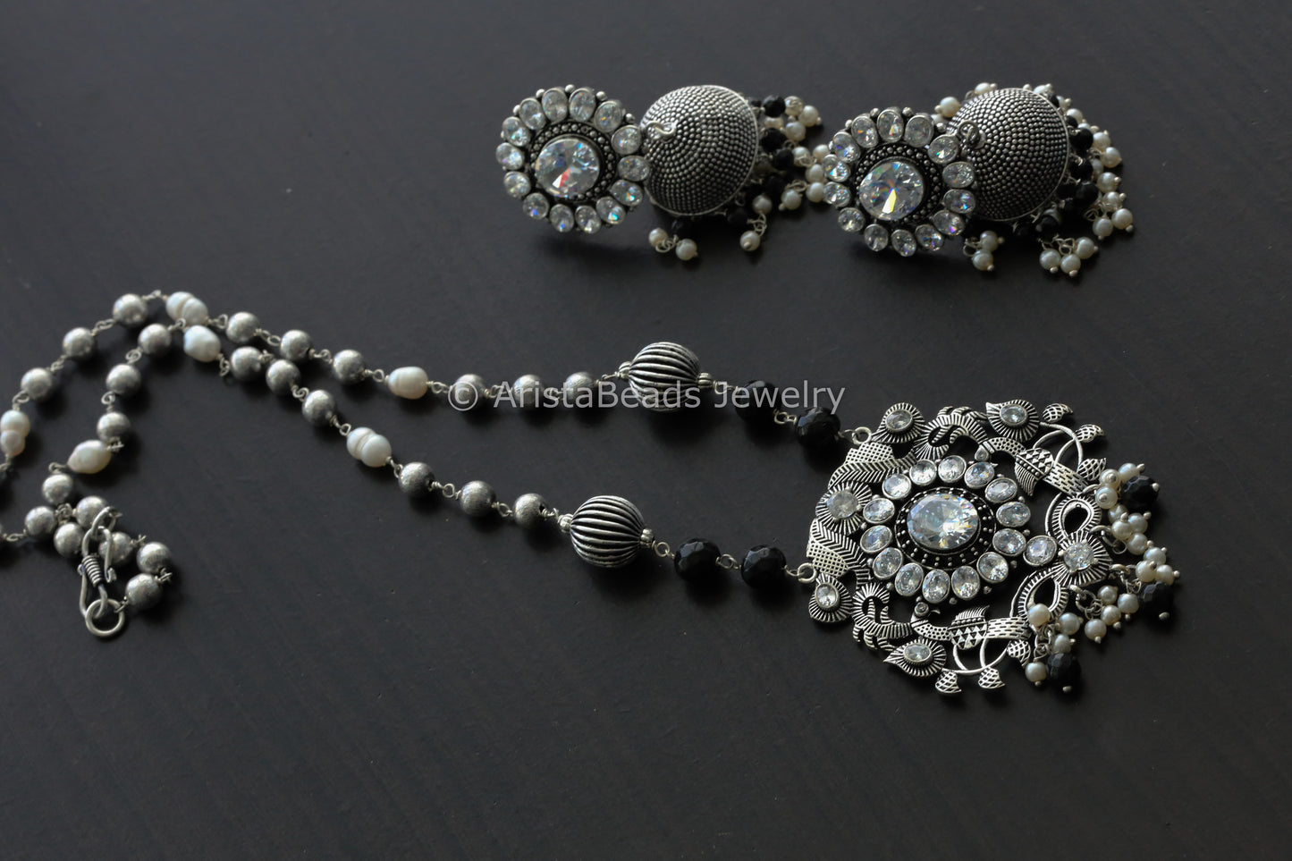 Oxidized German Silver Clear Stone Necklace Set