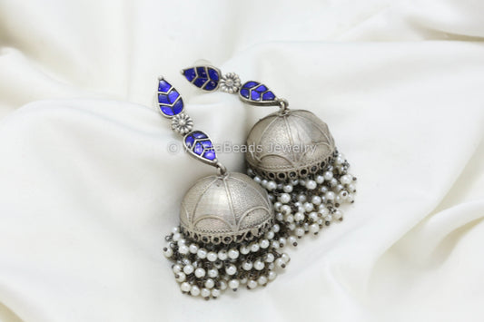 Long Jadau Kundan Silver Fusion Jhumka - Blue