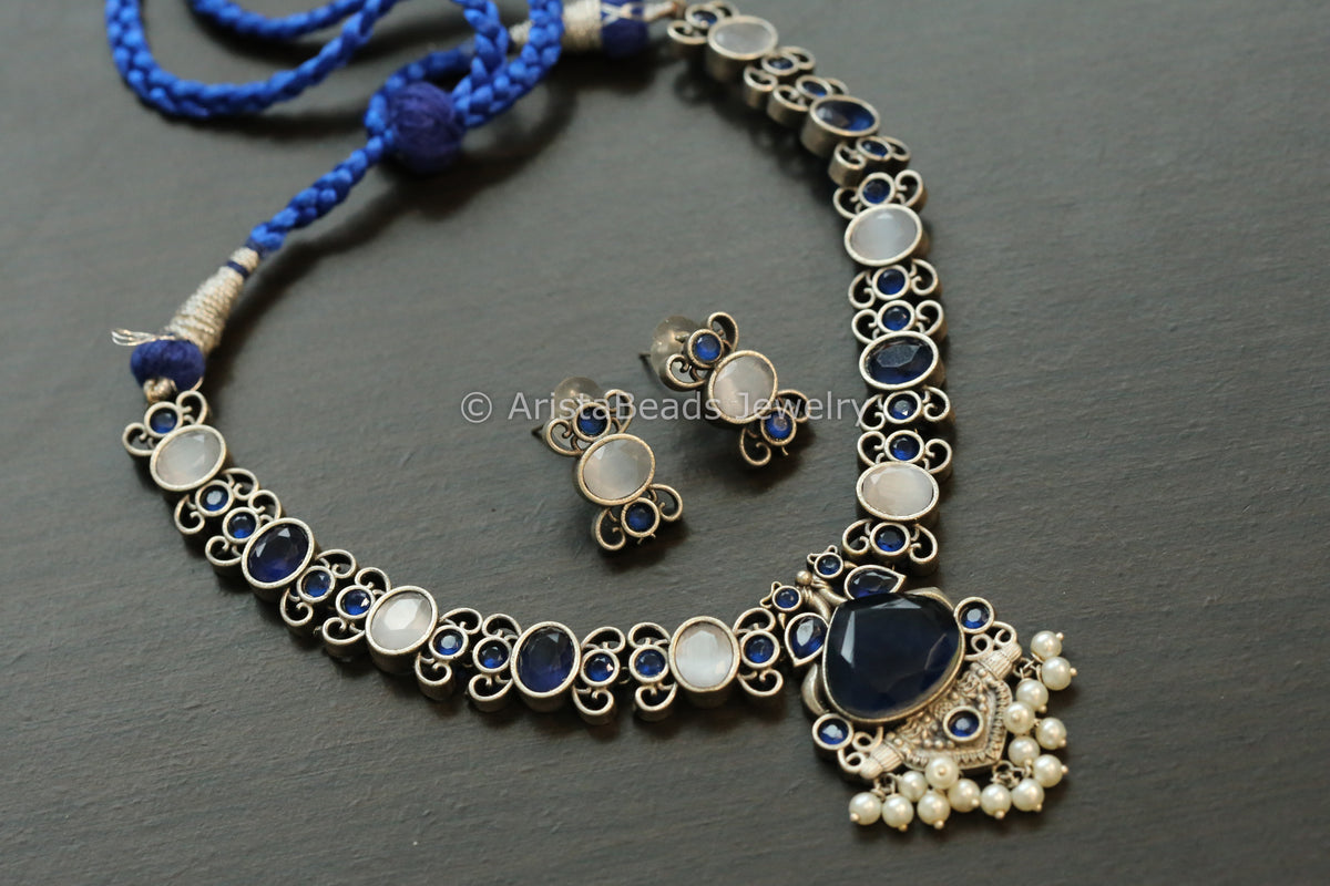 Oxidized Monalisa Necklace Set - Blue  & Gray