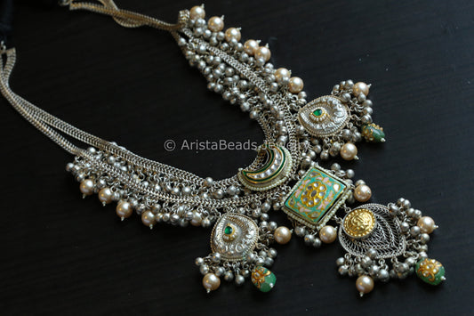 92.5 Silver Polish Kundan & Enamel Long Set - Green Enamel