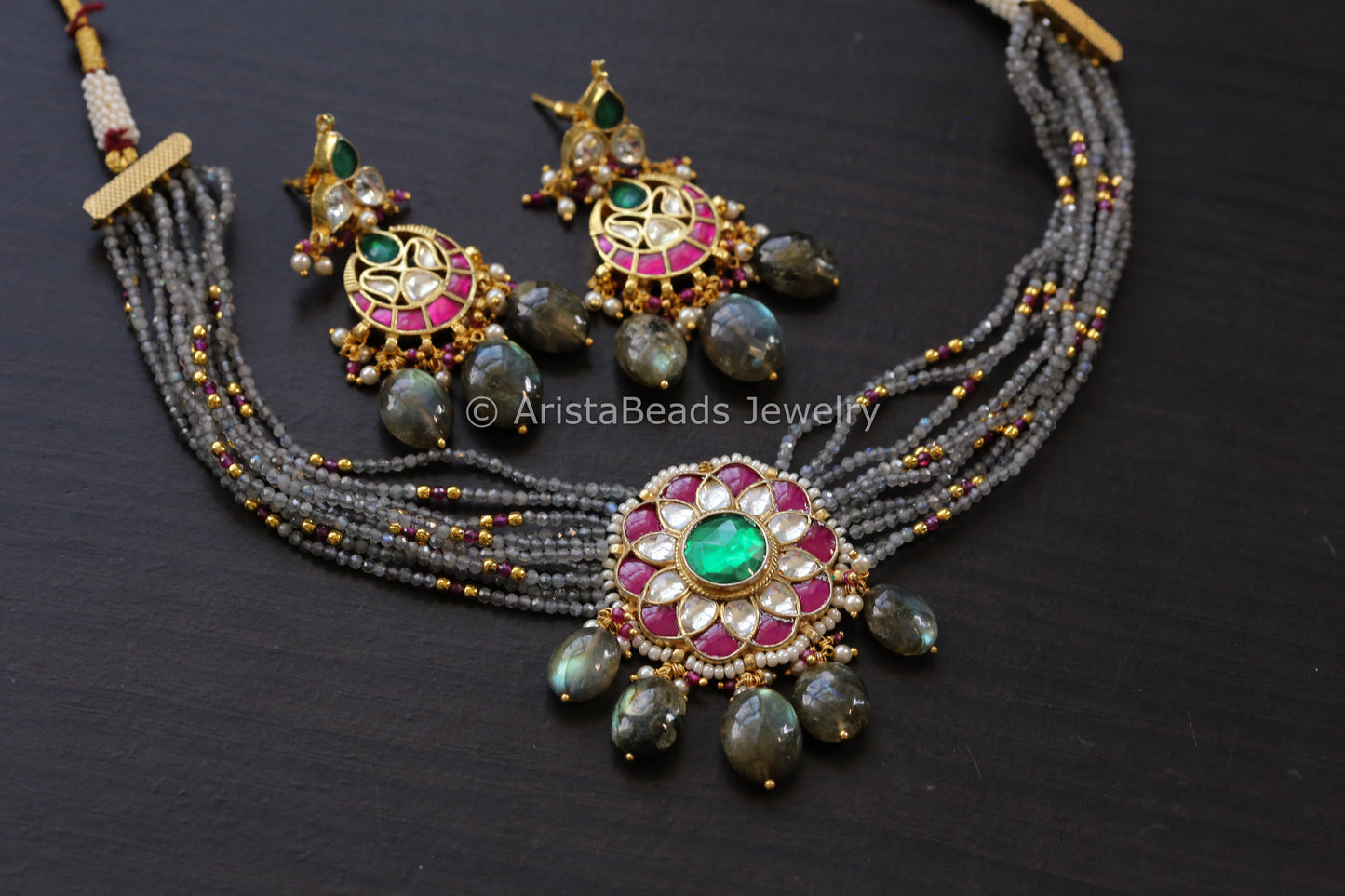 Real Labradorite Jadau Pachi Necklace Chandbaali Set