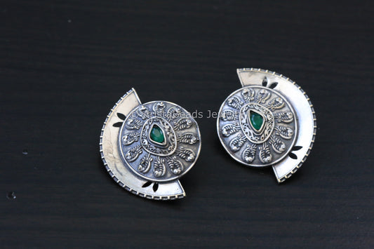 Silver Finish Half Moon Studs - Green