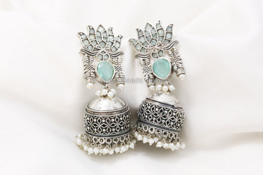 Silver Look Lotus Jhumka - Mint
