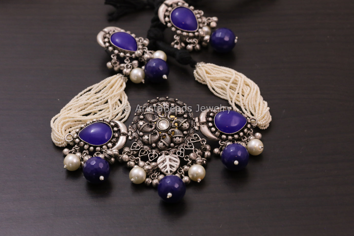 Silver Look Alike Kundan Peacock Necklace - Blue