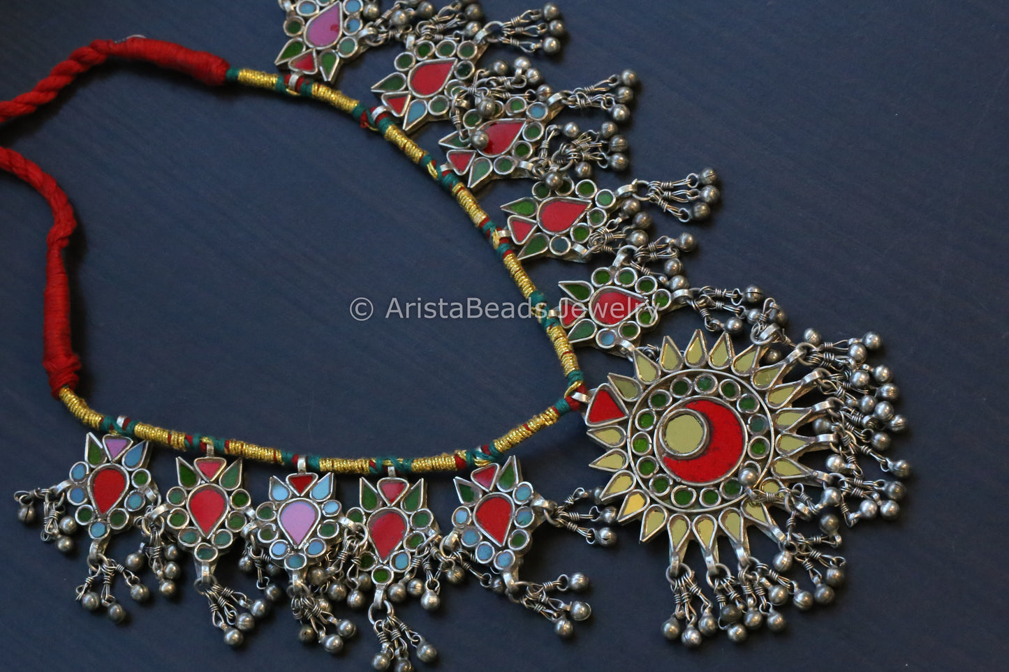 Long Real Glass Necklace - Green Red Yellow