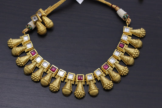 Swarna Antique Gold Kundan Necklace Set - Ruby