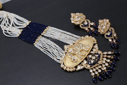 Uncut Kundan Matt Gold Elephant Set - Blue