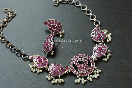 Ruby Oxidized Paisley Necklace Set