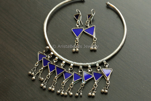Real Glass Hasli Necklace Set- Blue