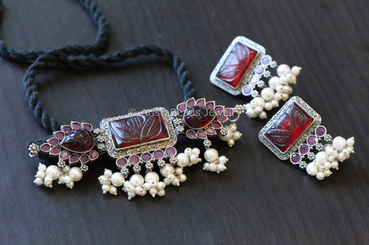 Dark Red Carved Stone Choker Set