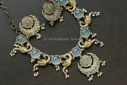 Dual Tone Peacock Monalisa Stones Necklace - Mint