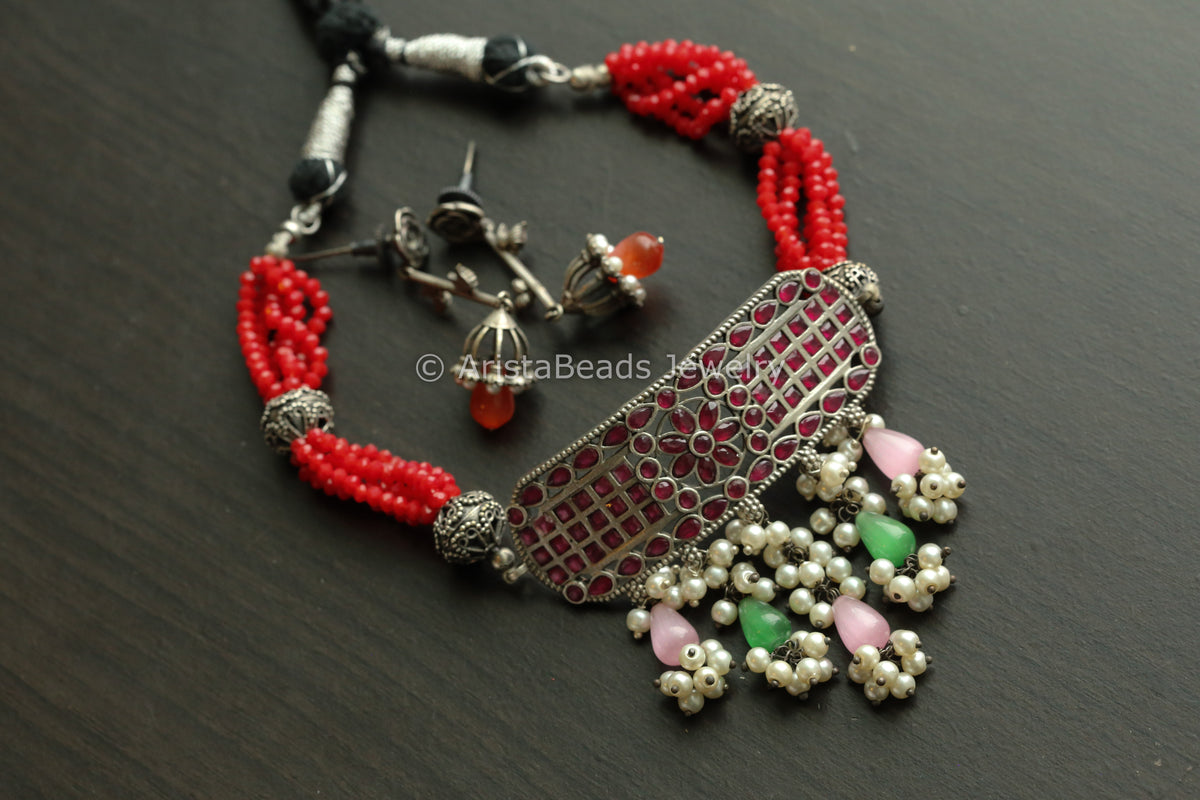 Oxidized Red Necklace Set