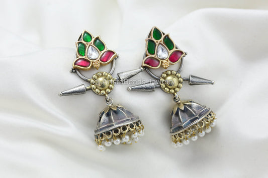 Jadau Kundan Silver Look Fusion Jhumka -Ruby Green