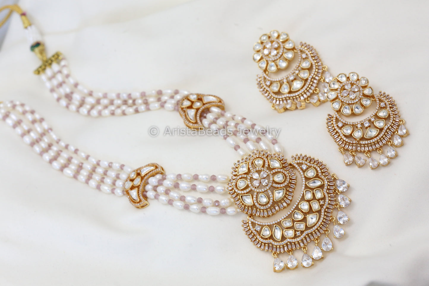 Real Pearls Kundan CZ Necklace Set - Pastel Pink