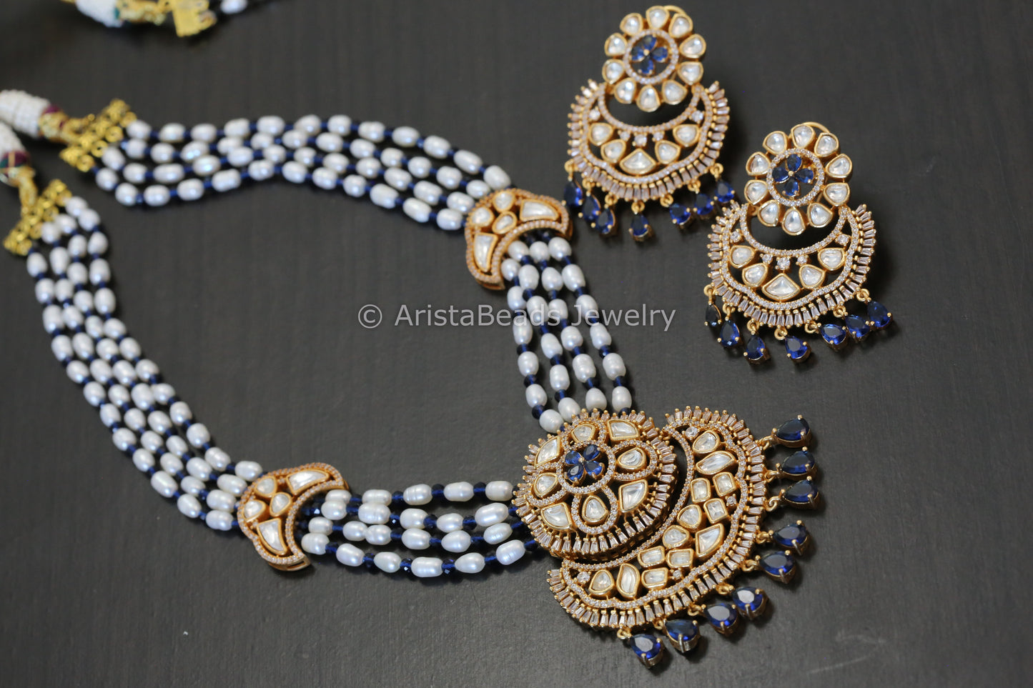 Real Pearls Kundan CZ Necklace Set - Blue
