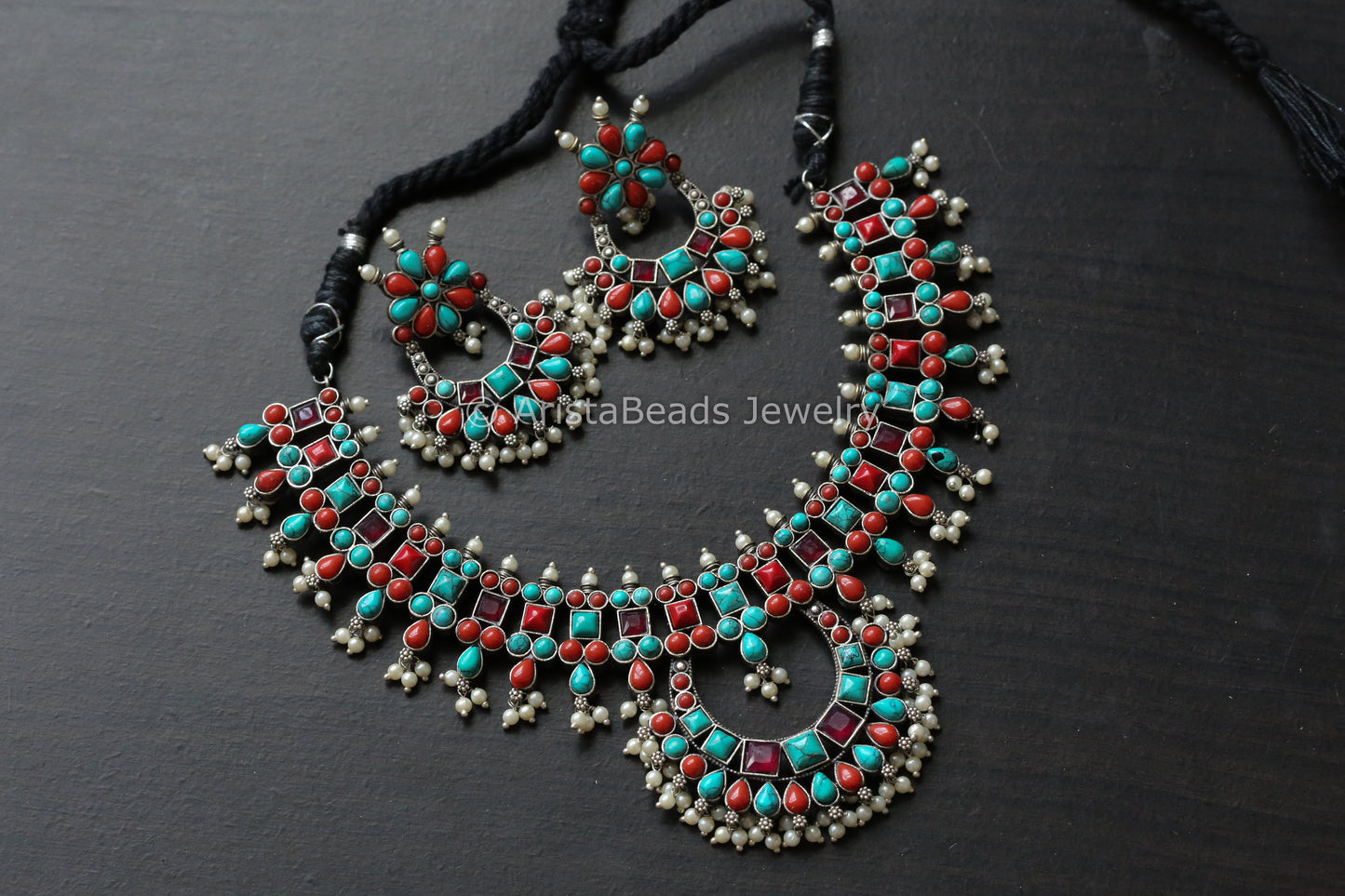 Turquoise Coral  Oxidized Chandbaali Necklace Set