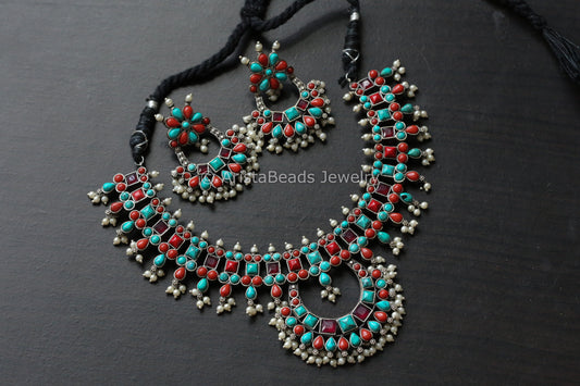 Turquoise Coral  Oxidized Chandbaali Necklace Set