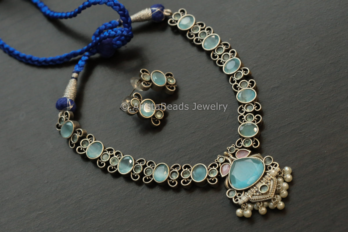 Oxidized Monalisa Necklace Set - Ice Blue & Pink