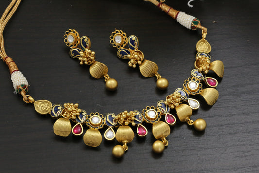 Kundan Polki Enamel Ghungroo Necklace Set - Blue