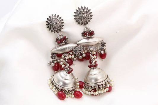 Long 925 Silver Polish Jhumka - Red