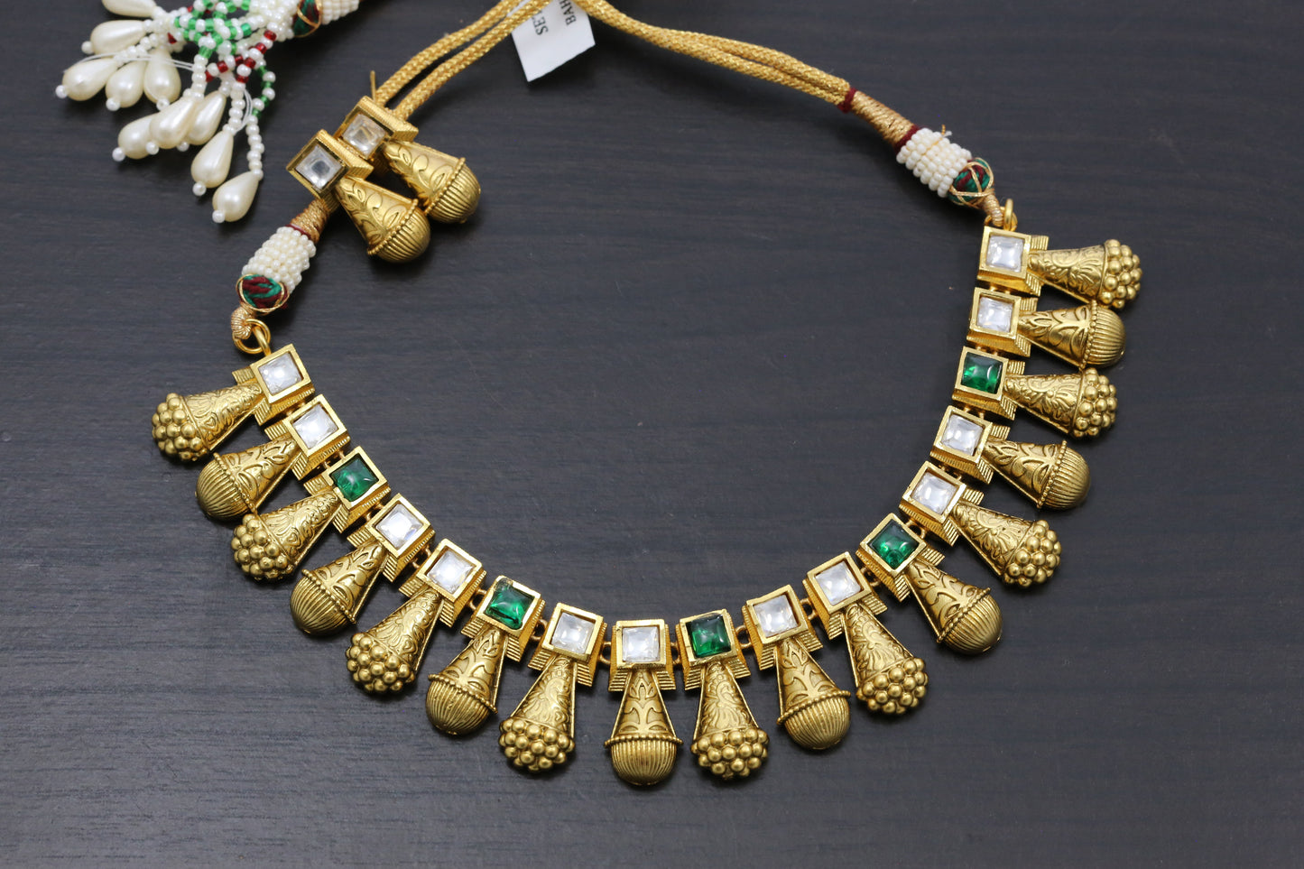 Swarna Antique Gold Kundan Necklace Set - Green