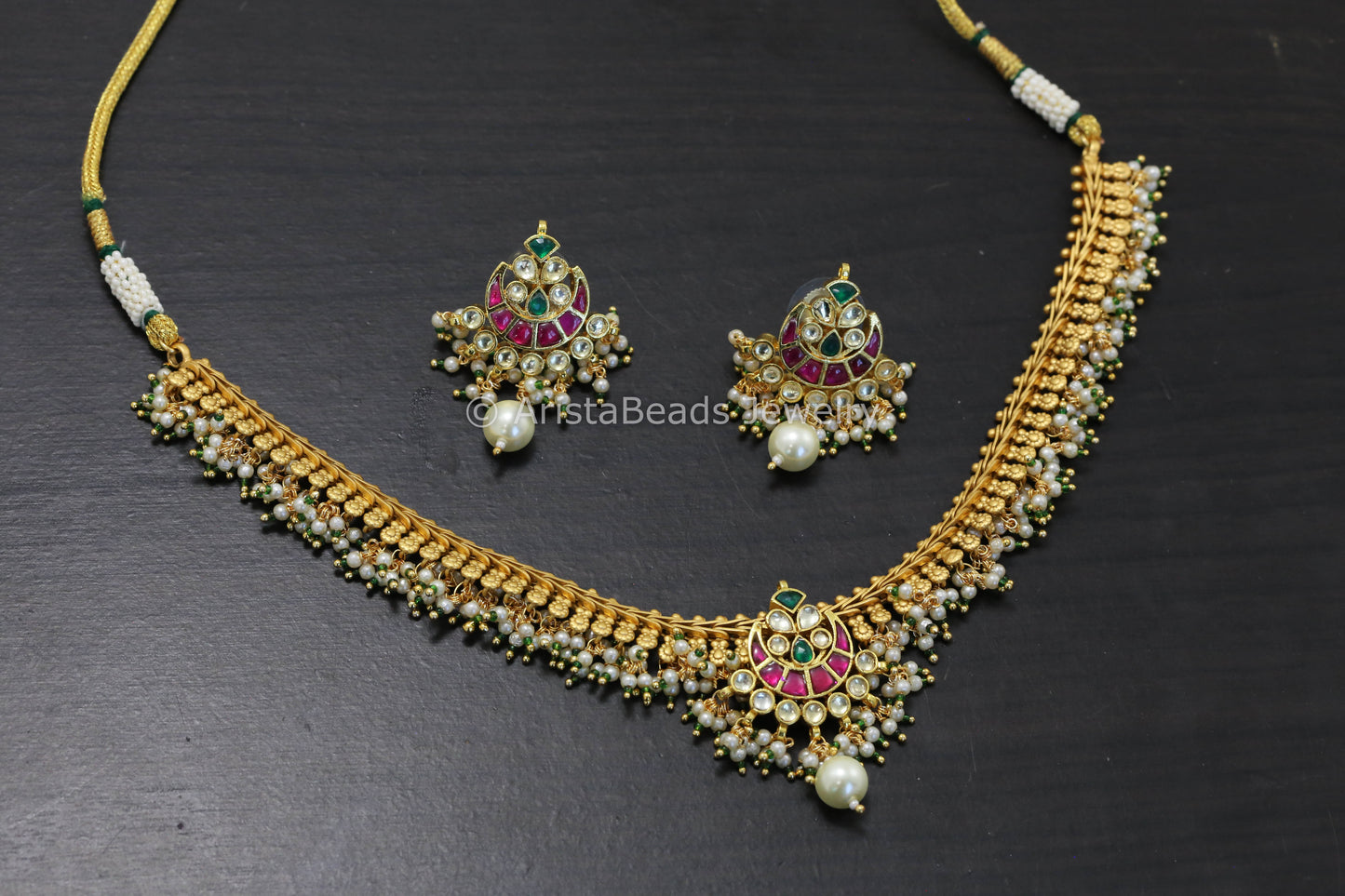 Real Gold Look Kundan Pachi Necklace Set