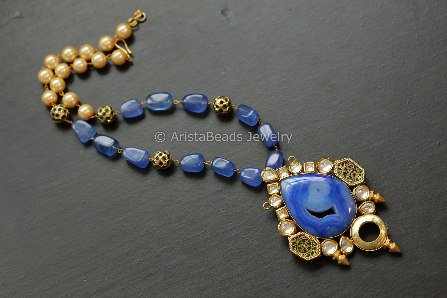 Kundan and Blue Agate Slice Necklace