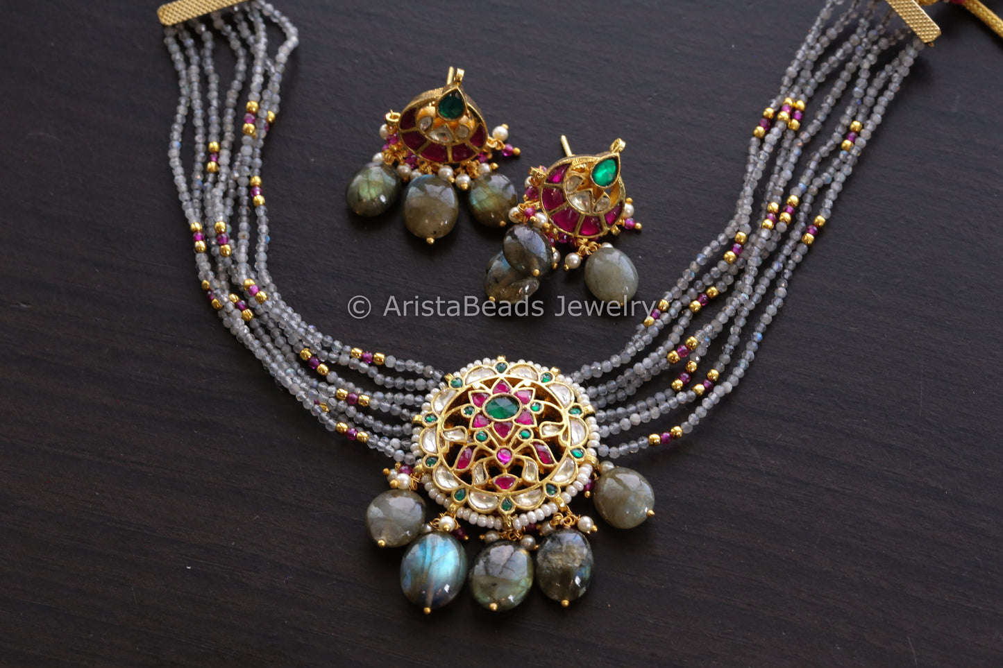 Real Labradorite Jadau Pachi Necklace Set