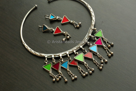 Real Glass Hasli Necklace Set- Multicolor