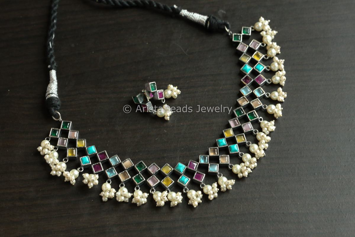 Navratna Oxidized Necklace Set
