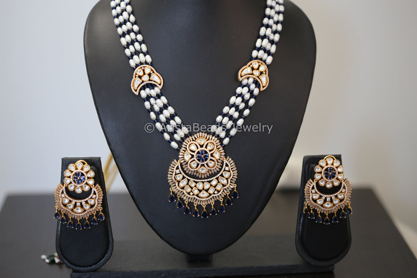 Real Pearls Kundan CZ Necklace Set - Blue