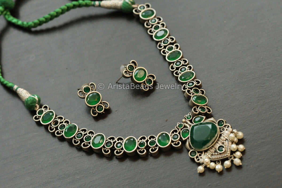Oxidized Monalisa Necklace Set - Green